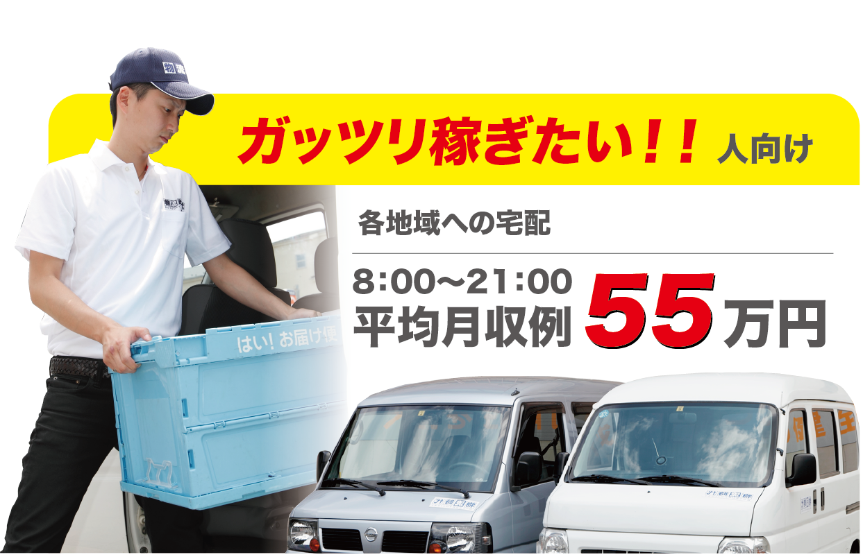 勤務形態モデル
ガッツリ稼ぎたい！！人向け
各地域への宅配
8：00～21：00　平均月収例　55万円
